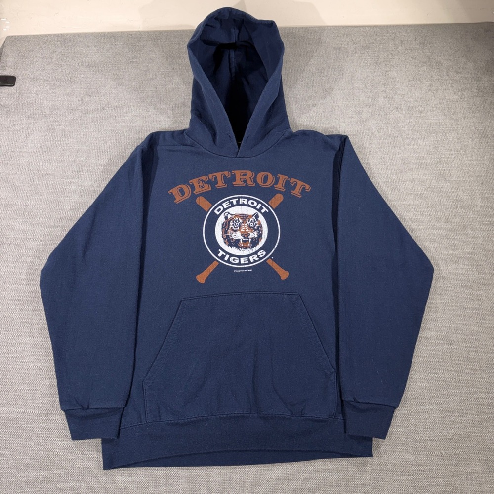 MLB Detroit Tigers Hoodie Mens Medium Navy Blue Good Graphic Baseball Pullover